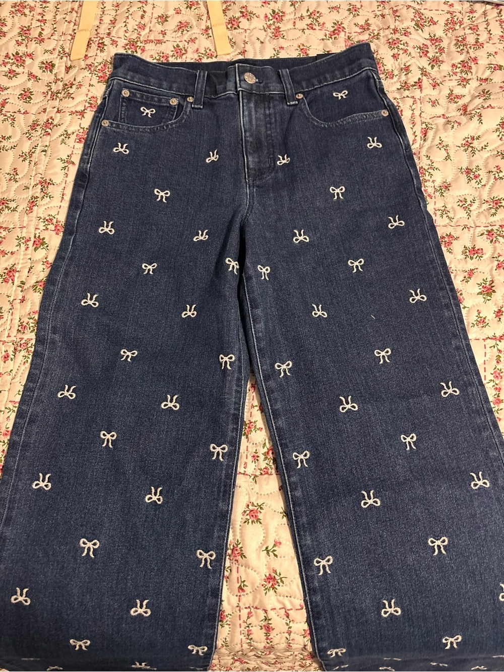 J. Crew Dark Blue Wide-Leg Jeans with White Embroidered Bows